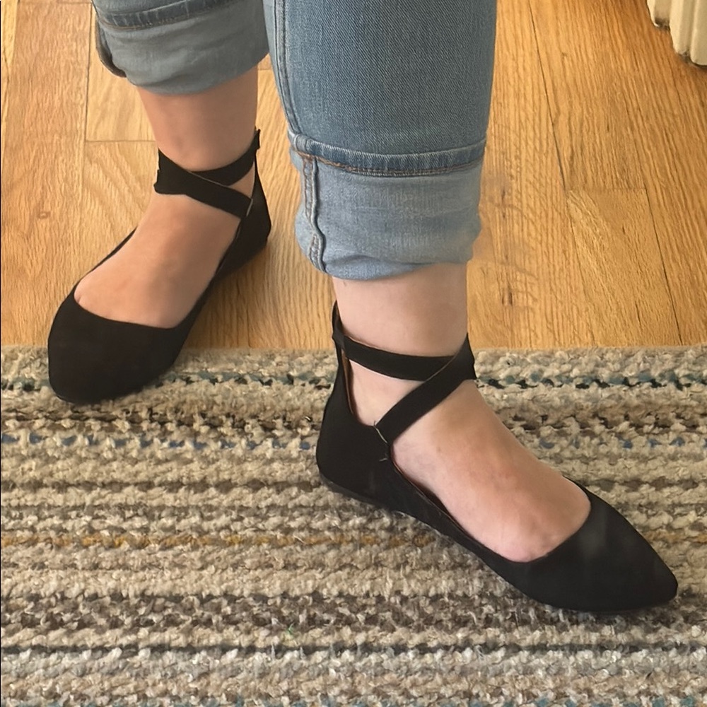Black Women's Flats - suede ballet slipper cross strap, zipper back